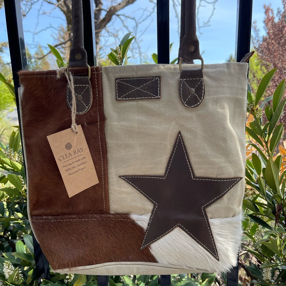 Clea Ray Canvas & Leather Star Tote in Brown and Cream